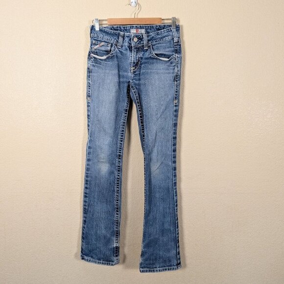 Ariat Work Women's FR Bootcut Jeans Low Rise sz 28L Distressed Western Mid wash - Picture 1 of 13